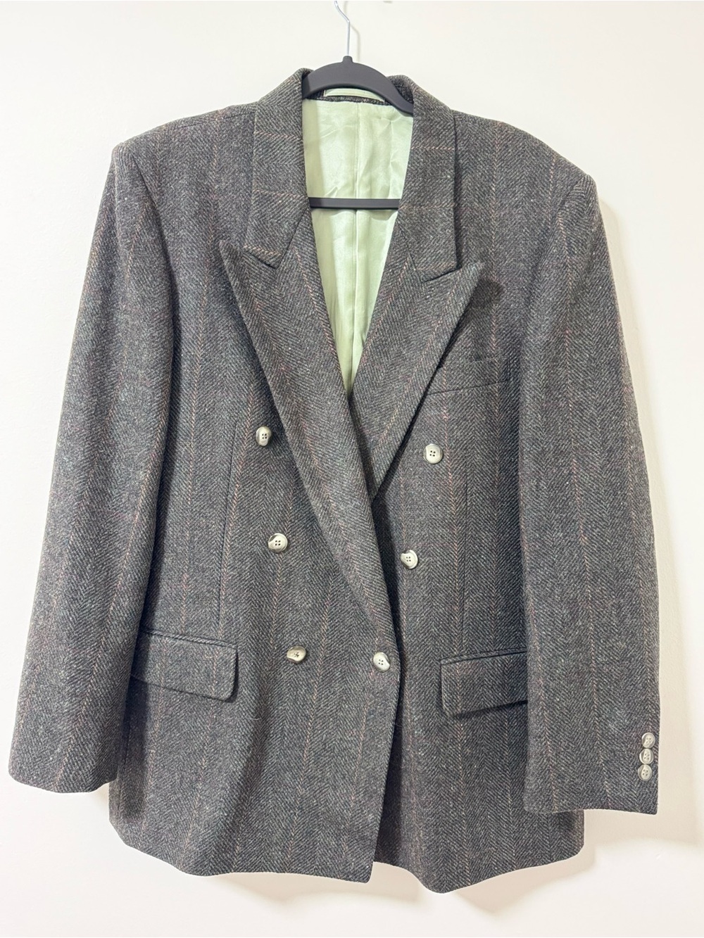 Vintage Tradition Double Breasted Pure Virgin Wool Herringbone Blazer Size 42R